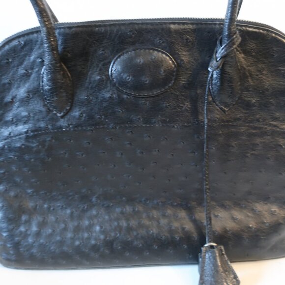 Womens Bloomingdale's Black Ostrich Embossed Satchel Shoulder Tote Handbag - Picture 4 of 16